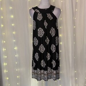 Three Hearts Black Halter Dress with Cream Medallion Print